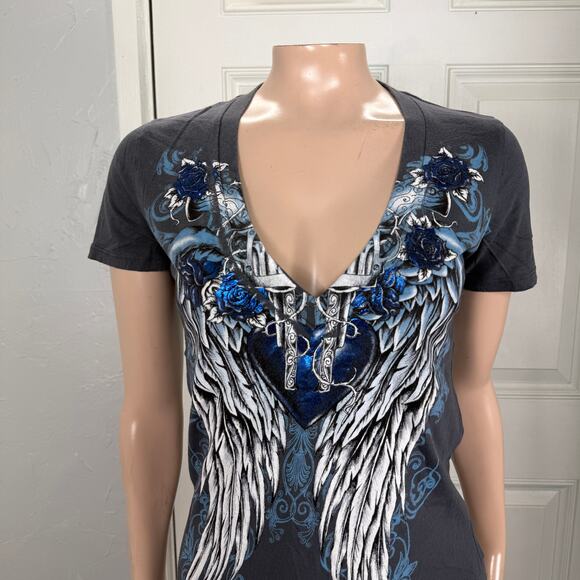 Vintage y2K Brad Butter Shirt Medium Biker Wings Cotton T-shirt S/S Floral X4-10 - Picture 2 of 7